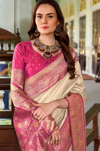 beige silk blend zari weaving saree with blouse piece
