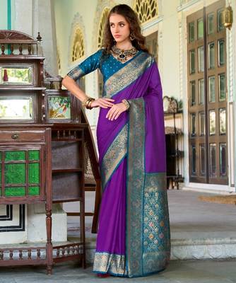 violet silk blend zari weaving saree with blouse piece 1