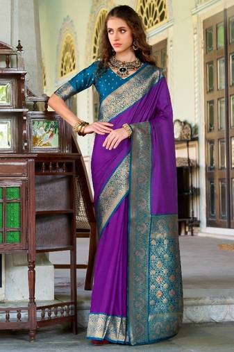 violet silk blend zari weaving saree with blouse piece