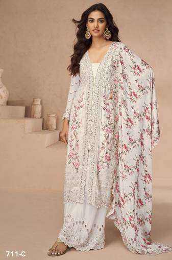 White embroidery sequence & thread with mirror daimond work silk free size stitched suit
