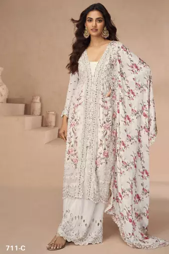 White embroidery sequence & thread with mirror daimond work silk free size stitched suit