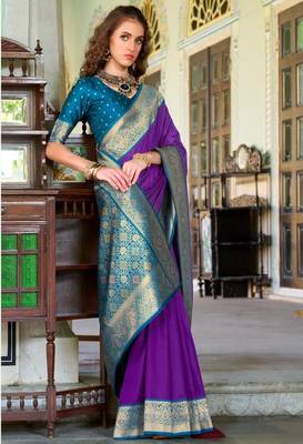 violet silk blend zari weaving saree with blouse piece 2
