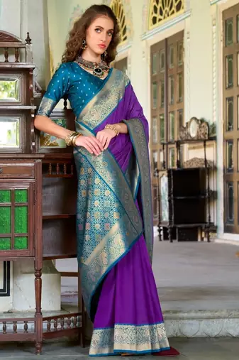 violet silk blend zari weaving saree with blouse piece