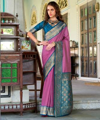 pink silk blend zari weaving saree with blouse piece 1