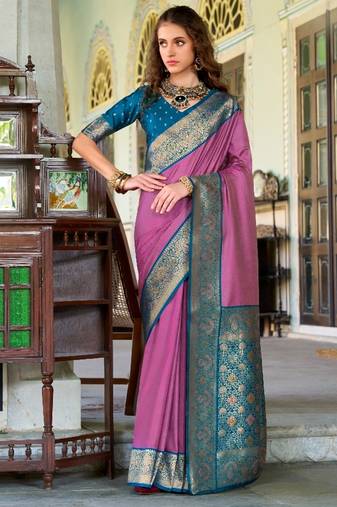 pink silk blend zari weaving saree with blouse piece