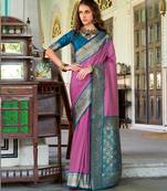 pink silk blend zari weaving saree with blouse piece
