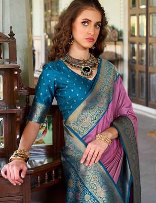 pink silk blend zari weaving saree with blouse piece 2
