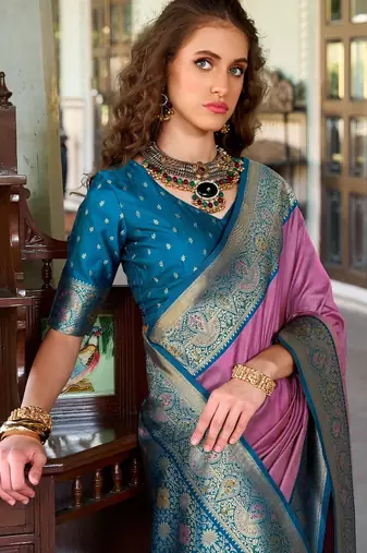 pink silk blend zari weaving saree with blouse piece