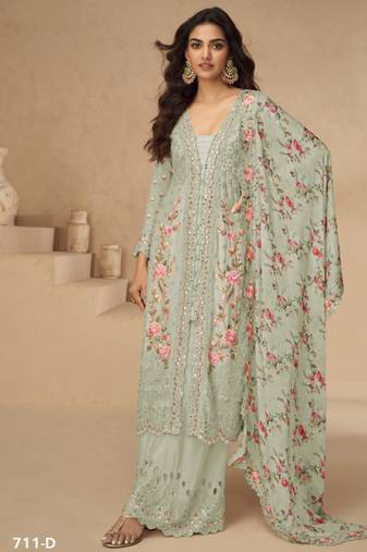 Sea green embroidery sequence & thread with mirror daimond work silk free size stitched suit