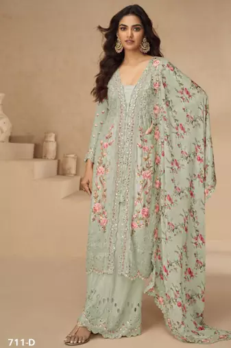 Sea green embroidery sequence & thread with mirror daimond work silk free size stitched suit