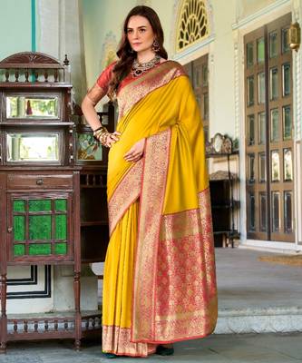 yellow silk blend zari weaving saree with blouse piece 1