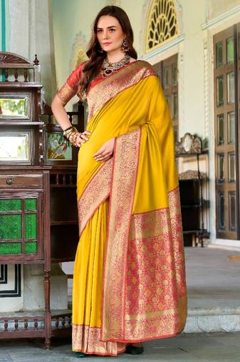 yellow silk blend zari weaving saree with blouse piece
