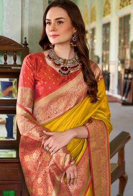 yellow silk blend zari weaving saree with blouse piece 2