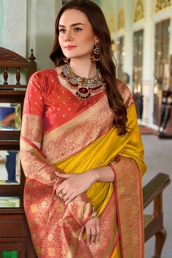 yellow silk blend zari weaving saree with blouse piece