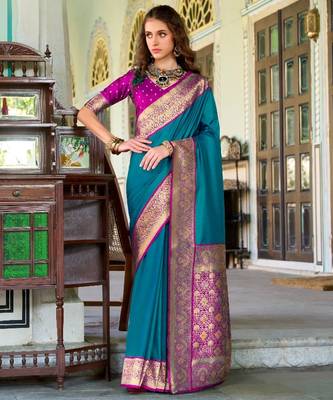 teal banarasi silk blend zari weaving saree with blouse piece 1