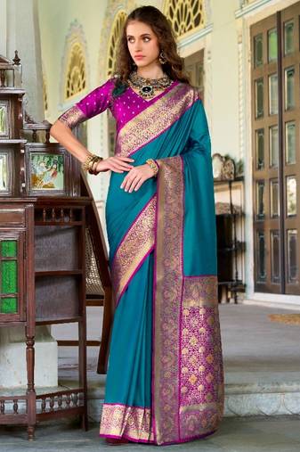 teal banarasi silk blend zari weaving saree with blouse piece
