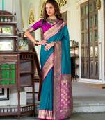 teal banarasi silk blend zari weaving saree with blouse piece