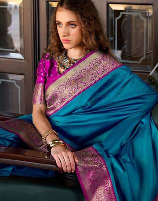 teal banarasi silk blend zari weaving saree with blouse piece 2
