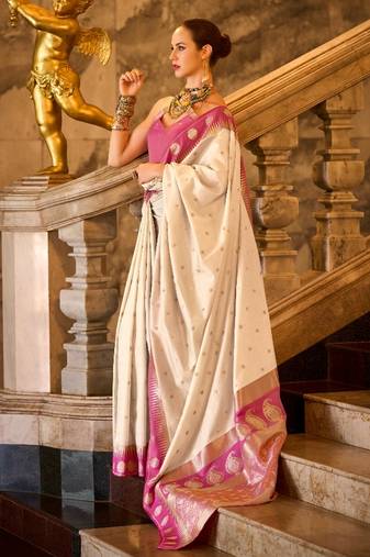 white banarasi silk blend zari weaving saree with blouse piece