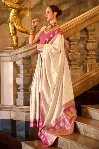 white banarasi silk blend zari weaving saree with blouse piece