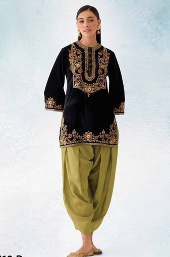 Mustard-black embroidery sequence & thread work velvet semi stitched salwar suit