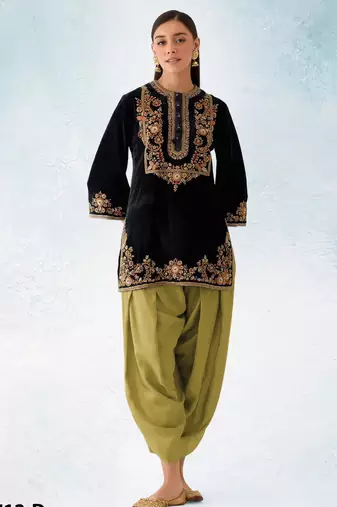Mustard-black embroidery sequence & thread work velvet semi stitched salwar suit