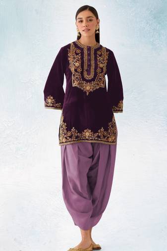 Lavener-puple embroidery sequence & thread work velvet semi stitched salwar suit