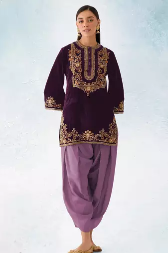 Lavener-puple embroidery sequence & thread work velvet semi stitched salwar suit