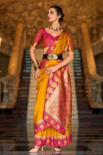 mustard banarasi silk blend zari weaving saree with blouse piece