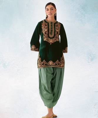 Green embroidery sequin & thread velvet salwar suit 1