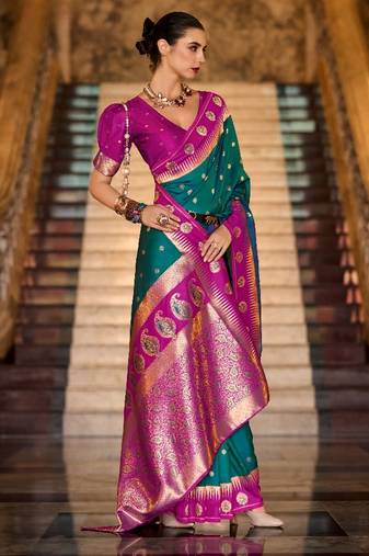 dark green banarasi silk blend zari weaving saree with blouse piece