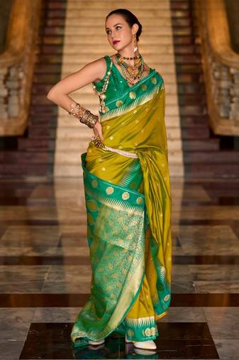 lemon banarasi silk blend zari weaving saree with blouse piece