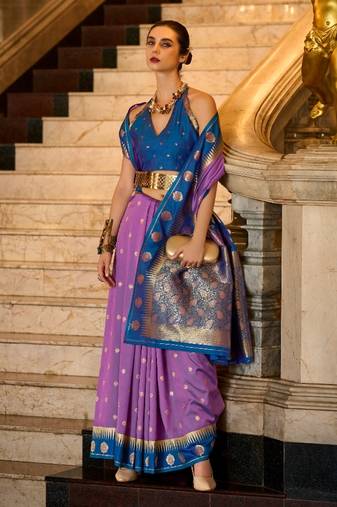lavender banarasi silk blend zari weaving saree with blouse piece