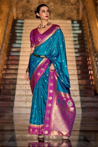 teal banarasi silk blend zari weaving saree with blouse piece