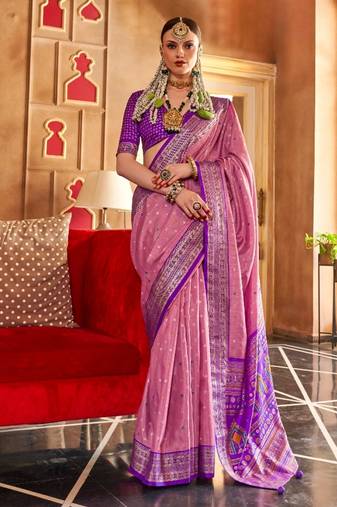 pink silk blend zari woven patola design saree with blouse