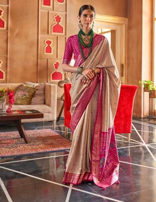 beige silk blend zari woven patola design saree with blouse 1