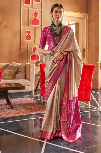 beige silk blend zari woven patola design saree with blouse