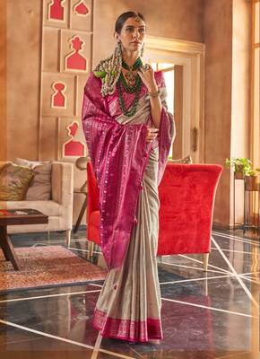beige silk blend zari woven patola design saree with blouse 2