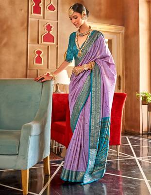 lavender silk blend zari woven patola design saree with blouse 1