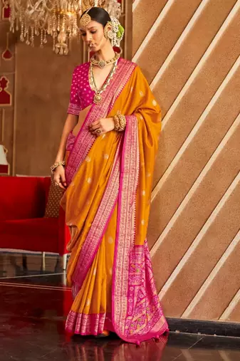 mustard silk blend zari woven patola design saree with blouse