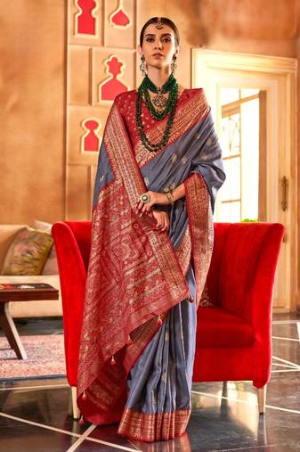 grey silk blend zari woven patola design saree with blouse