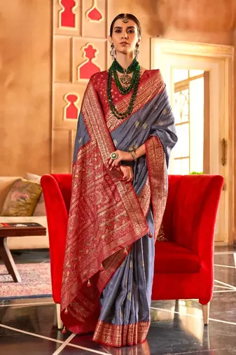 grey silk blend zari woven patola design saree with blouse
