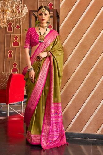 mehendi silk blend zari woven patola design saree with blouse