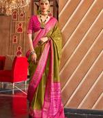 mehendi silk blend zari woven patola design saree with blouse