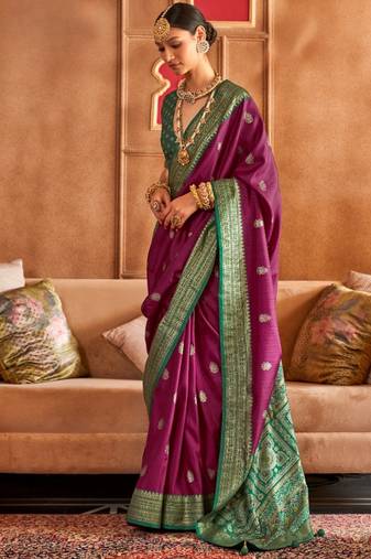 violet silk blend zari woven patola design saree with blouse