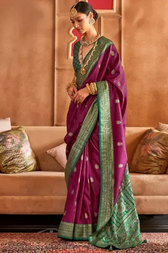 violet silk blend zari woven patola design saree with blouse