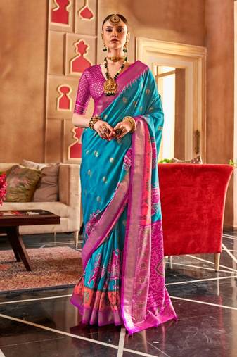 blue silk blend zari woven patola design saree with blouse