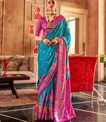blue silk blend zari woven patola design saree with blouse