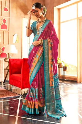 rani pink silk blend zari woven patola design saree with blouse