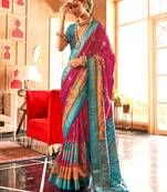 rani pink silk blend zari woven patola design saree with blouse